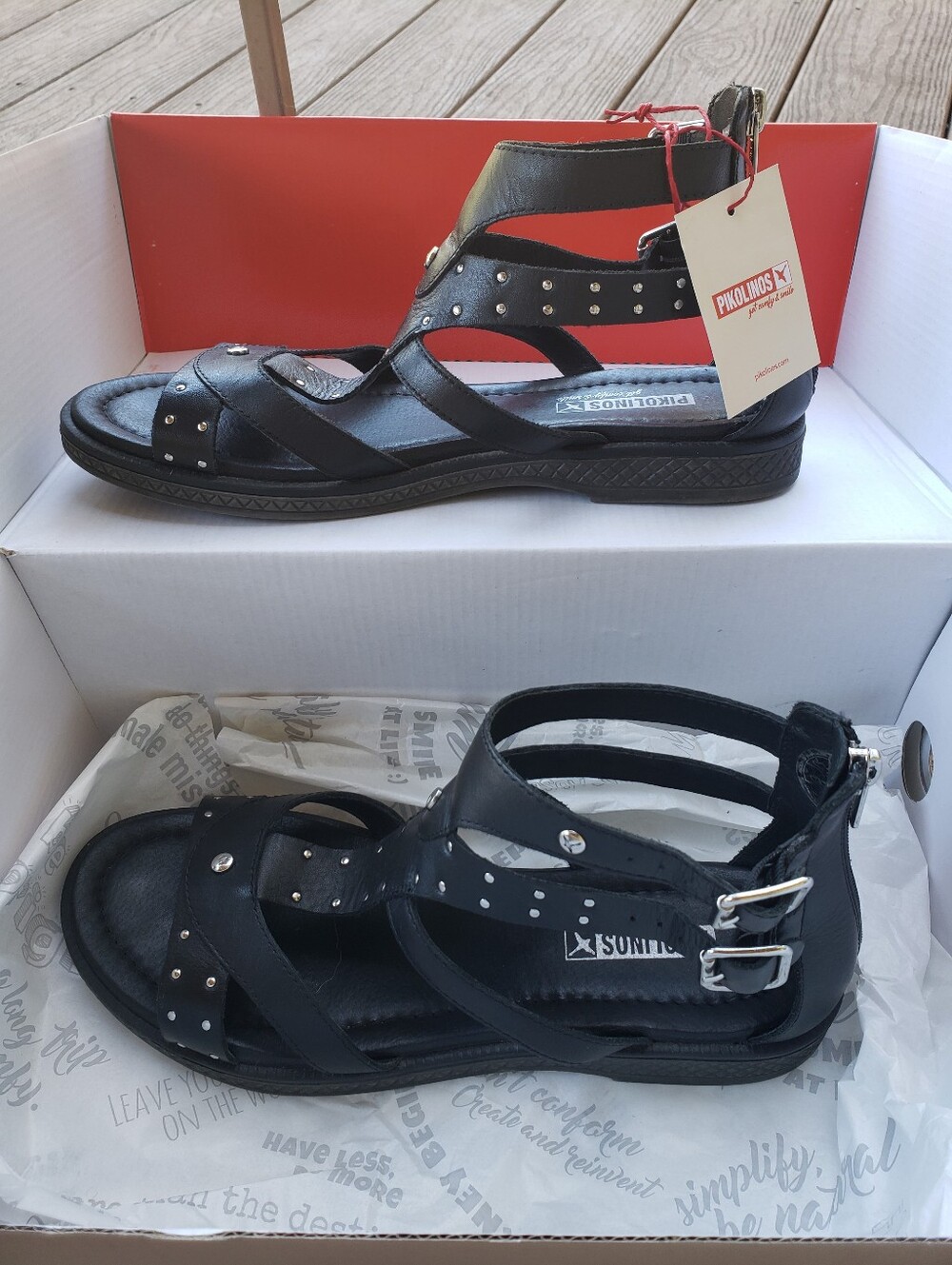 NEW /~10US/ PIKOLINOS Black Leather Silver Studded Sandals with Back Zip+Buckles